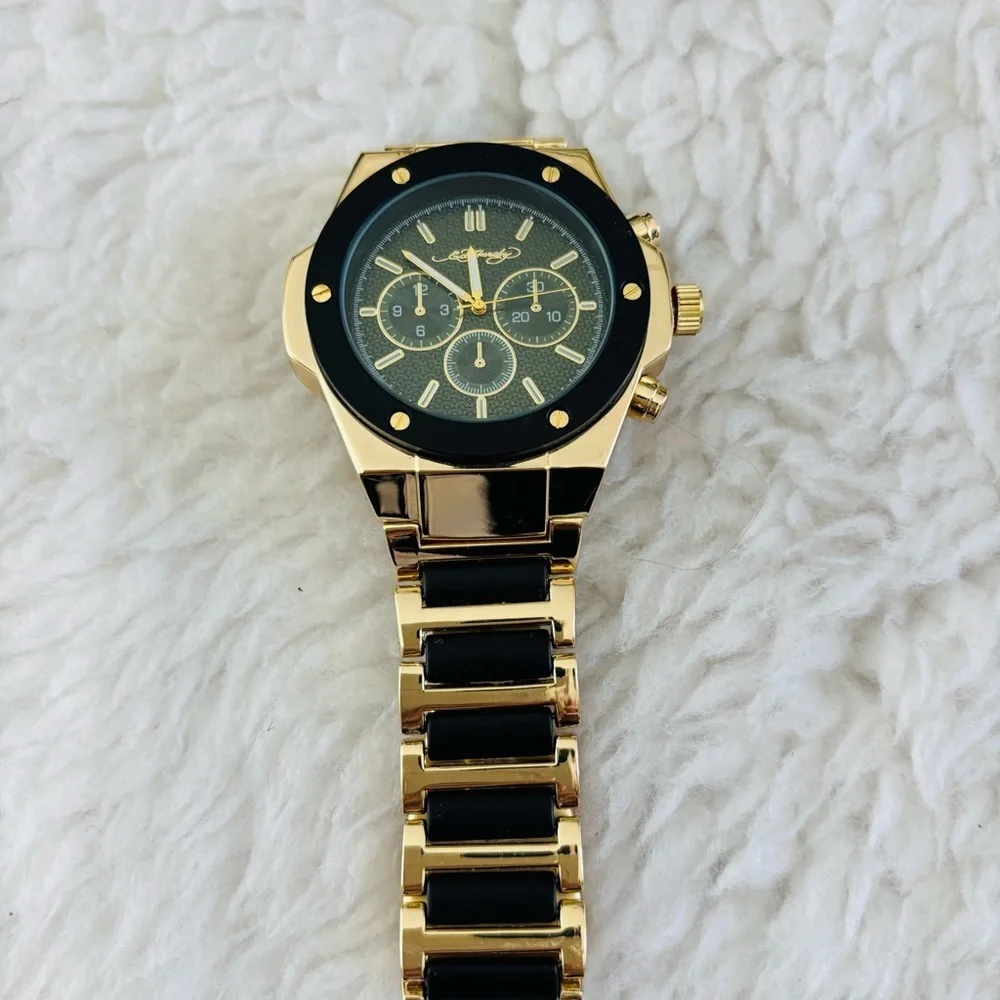 Ed Hardy Gold/Black belt Men's Chronograph Green Dial Black bezel Watch in box